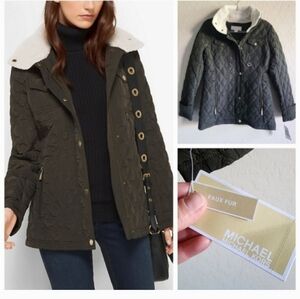 Michael Michael Kors Fleece-Collared Quilted Jacket Size Small Dark Olive NWT